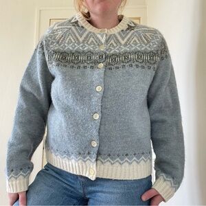 New York & Company Fairisle Light Blue and Cream Cardigan